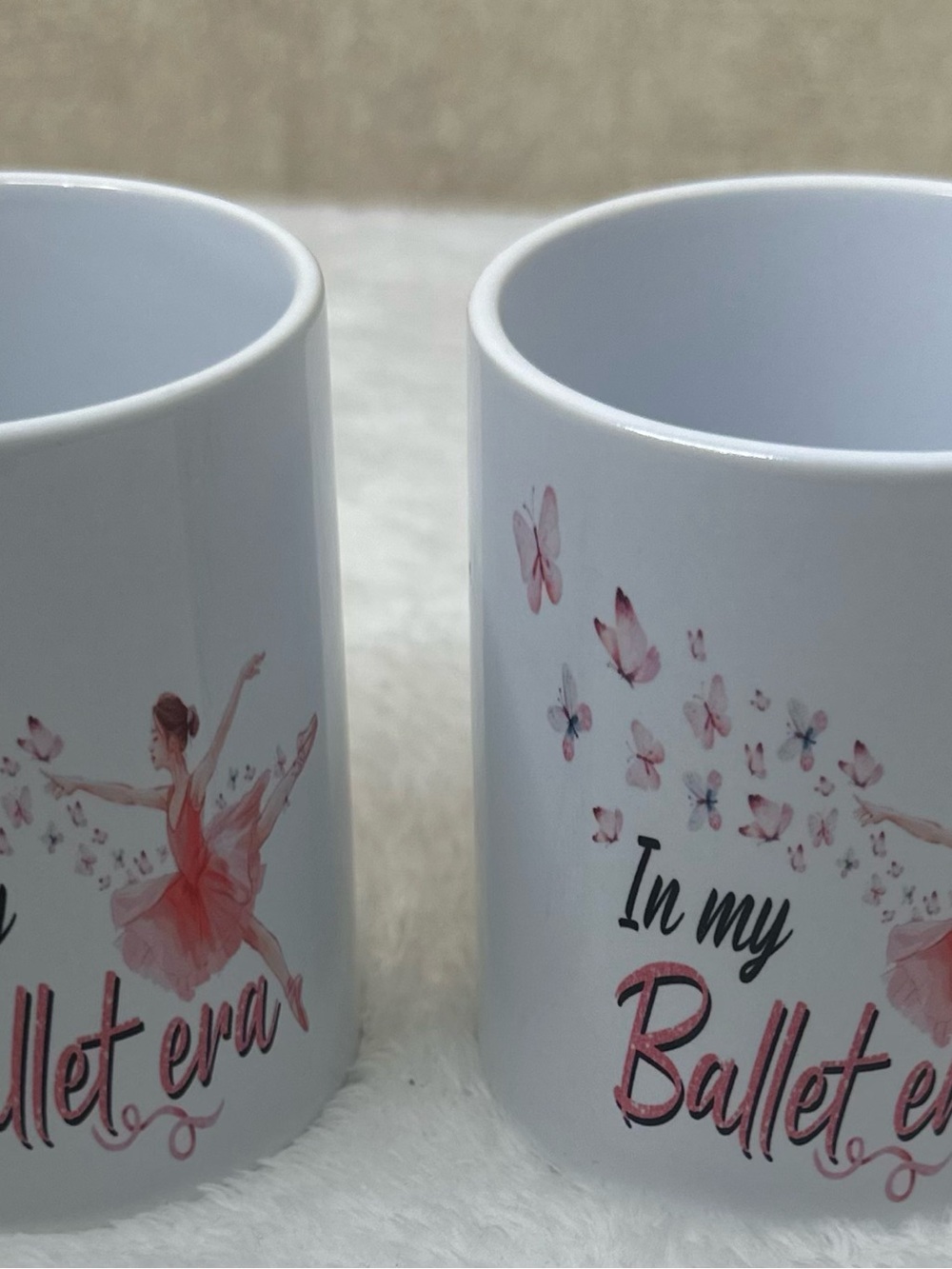 White Ceramic Mug with Pink Ballet Dancer and Butterflies